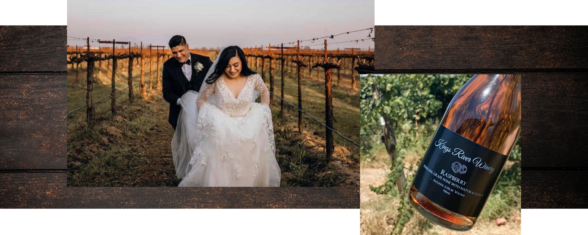 bride and groom in vineyard and bottle of raspberry wine